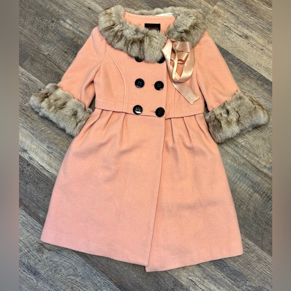 Vintage Pink Coat with Fox Hair Trim and Bow